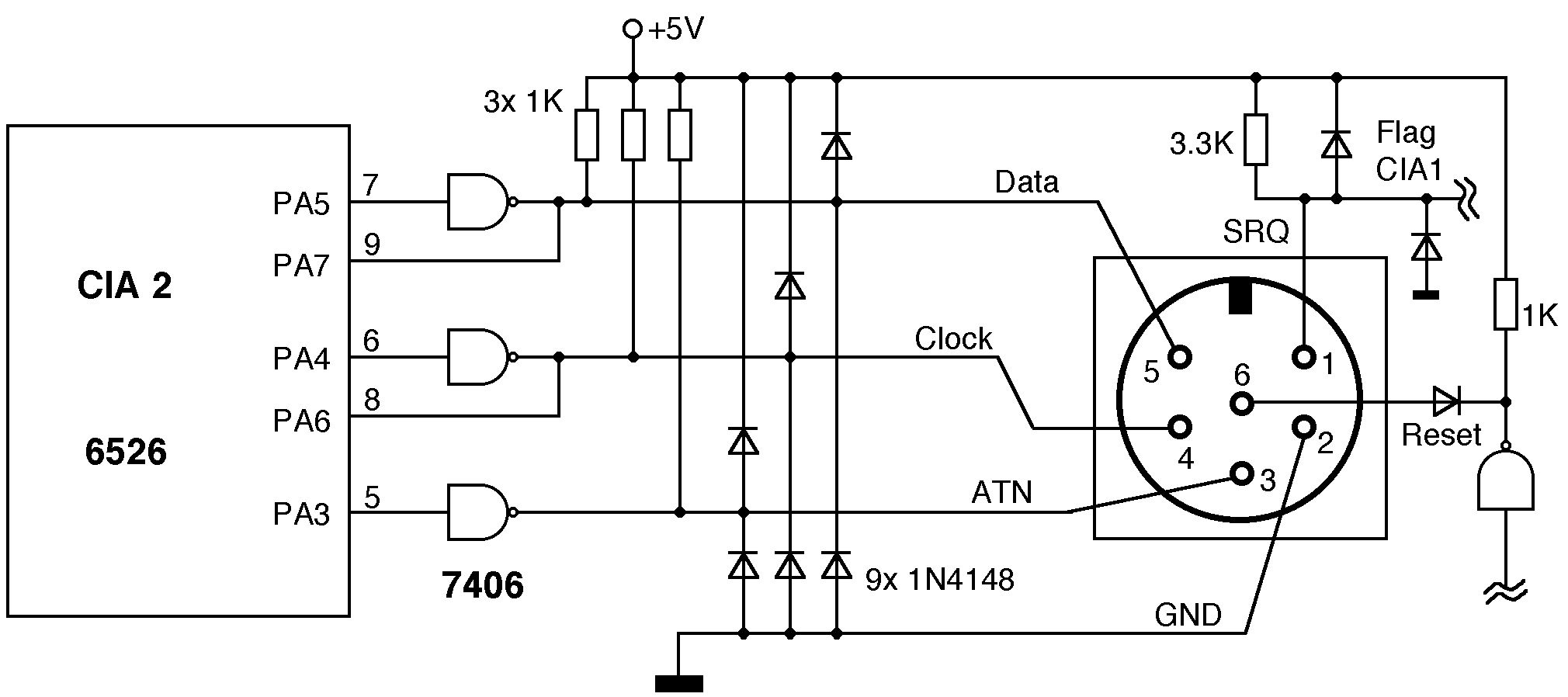 [serial jack - protection circuit (9 diodes)- 7406 - CIA]